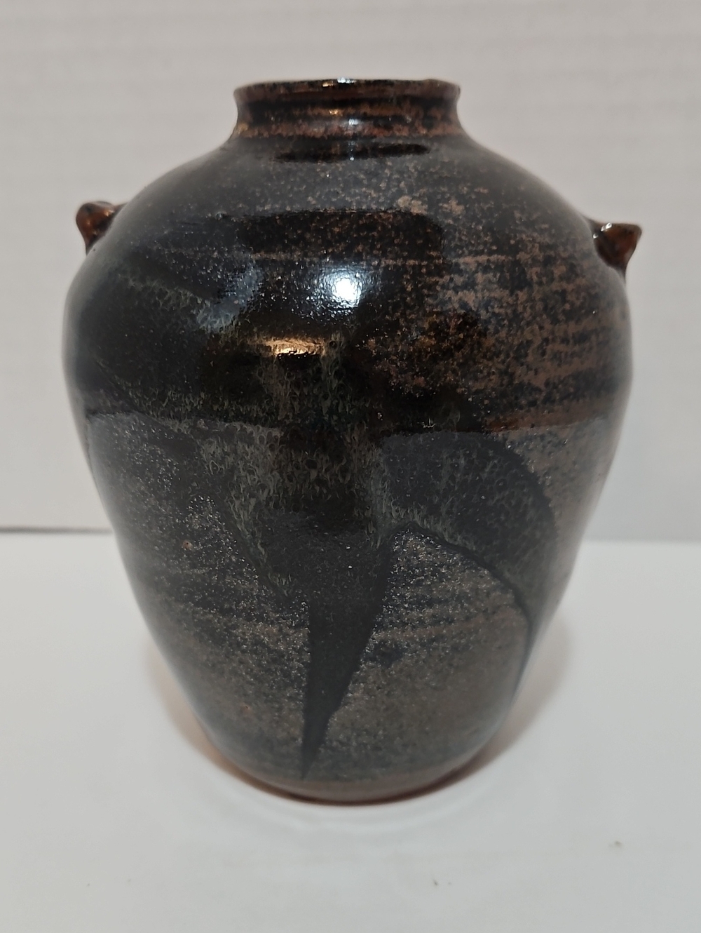 Handcrafted 6" Glazed Ceramic Vase in Dark Brown and Black